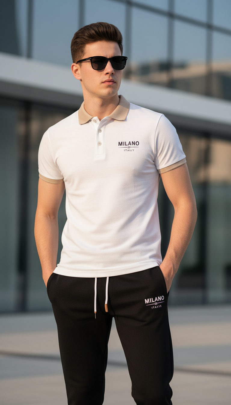 Stylish Men’s Printed Polo Tracksuit (White & Black)