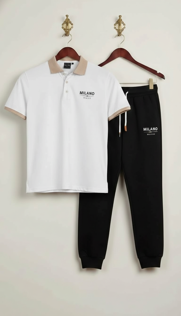Stylish Men’s Printed Polo Tracksuit (White & Black)