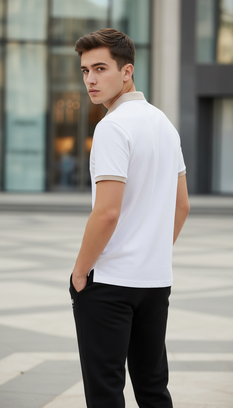 Stylish Men’s Printed Polo Tracksuit (White & Black)